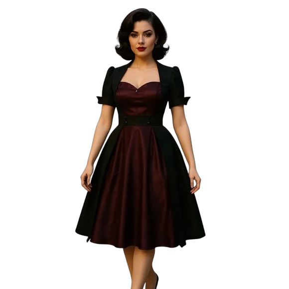 Swing Dance Satin Short Sleeve Pin Up Dress - Picture 8 of 10